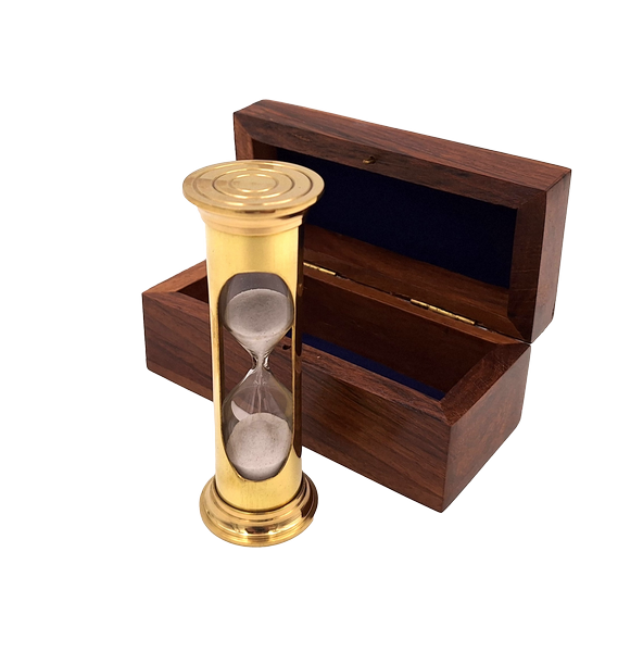 Presýpacie hodiny ROUND STP99 v drevenej krabičke s možnosťou personalizácie gravírovaním, mosadzné, zlatisté, 3 minúty, ideálny darček pre milovníkov RPG a držiteľov Guinnessových rekordov