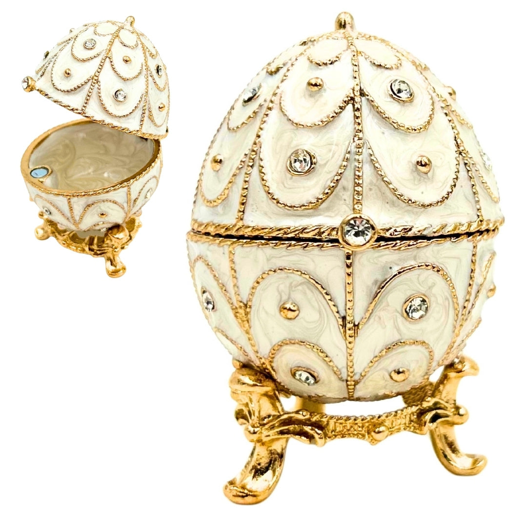 Exkluzívna kovová šperkovnica vajce Fabergé s kryštálikmi v bielo-zlatej farbe s možnosťou personalizácie gravírovaním