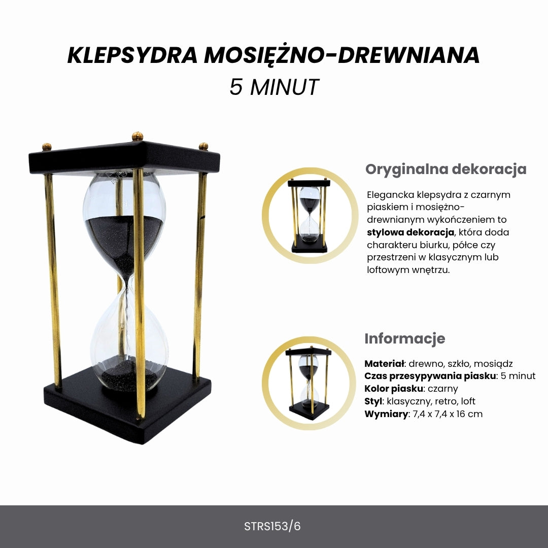 Mosadzno-drevené presýpacie hodiny 5 minút s čiernym pieskom s možnosťou personalizácie gravírovaním – elegantná retro dekorácia ako darček s výškou 16 cm