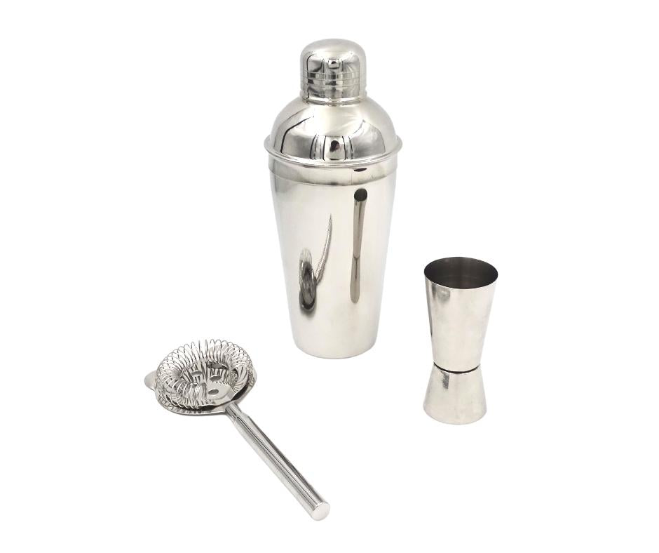 Barmanská súprava Steel, 3 diely, s možnosťou personalizácie gravírovaním - šejker 750 ml, jigger 15/30 ml, strainer - elegantný darček pre milovníkov drinkov, nehrdzavejúca oceľ, strieborná farba