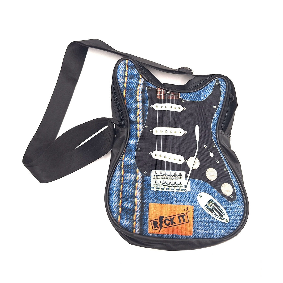 Taška cez rameno v tvare gitary Let’s Rock RBG-019 s možnosťou personalizácie gravírovaním, vodoodolná, ideálna ako darček pre hudobníka, PVC 100% a polyester, rozmery 34 x 23 x 5 cm