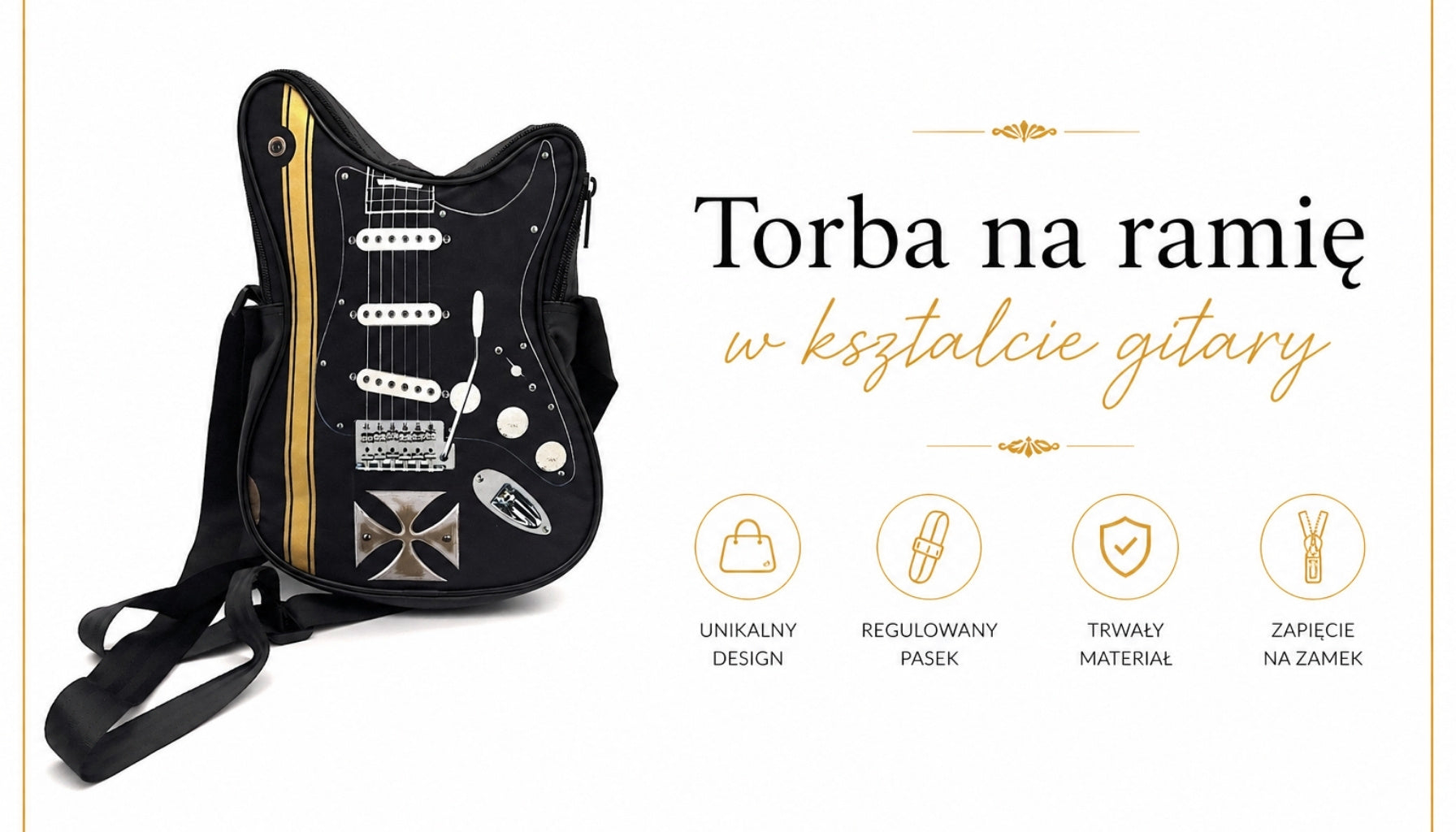 Taška cez rameno v tvare gitary s maltézskym krížom – personalizovaný darček pre gitaristu