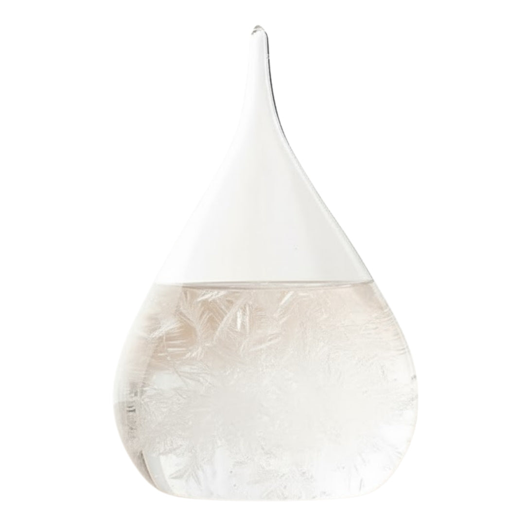 Búrkový barometer Fitzroya – kvapka Storm Glass s možnosťou personalizácie gravírovaním – elegantný darček v tvare kvapky, výška 11 cm, sklenená nádoba s jedinečnými kryštálmi reagujúcimi na zmeny počasia