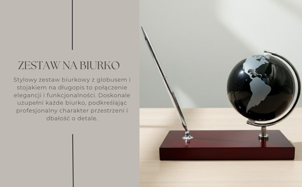 Elegantná dekoratívna súprava na písací stôl s personalizovaným gravírovaním - glóbus, stojan na pero z chrómovaného kovu a tmavého dreva