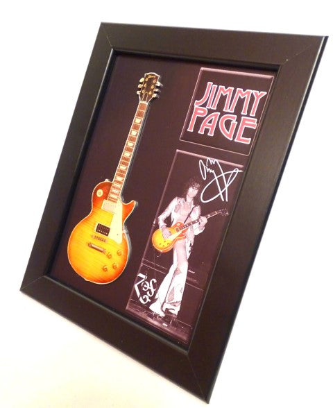 Mini gitara v štýle Jimmy Page s rámikom FMG-012, možnosť personalizácie gravírovaním, ideálna ako darček, drevený rámik 1,3cm x 16cm x 21,4cm, oceľová mini gitara na postavenie alebo zavesenie na stenu