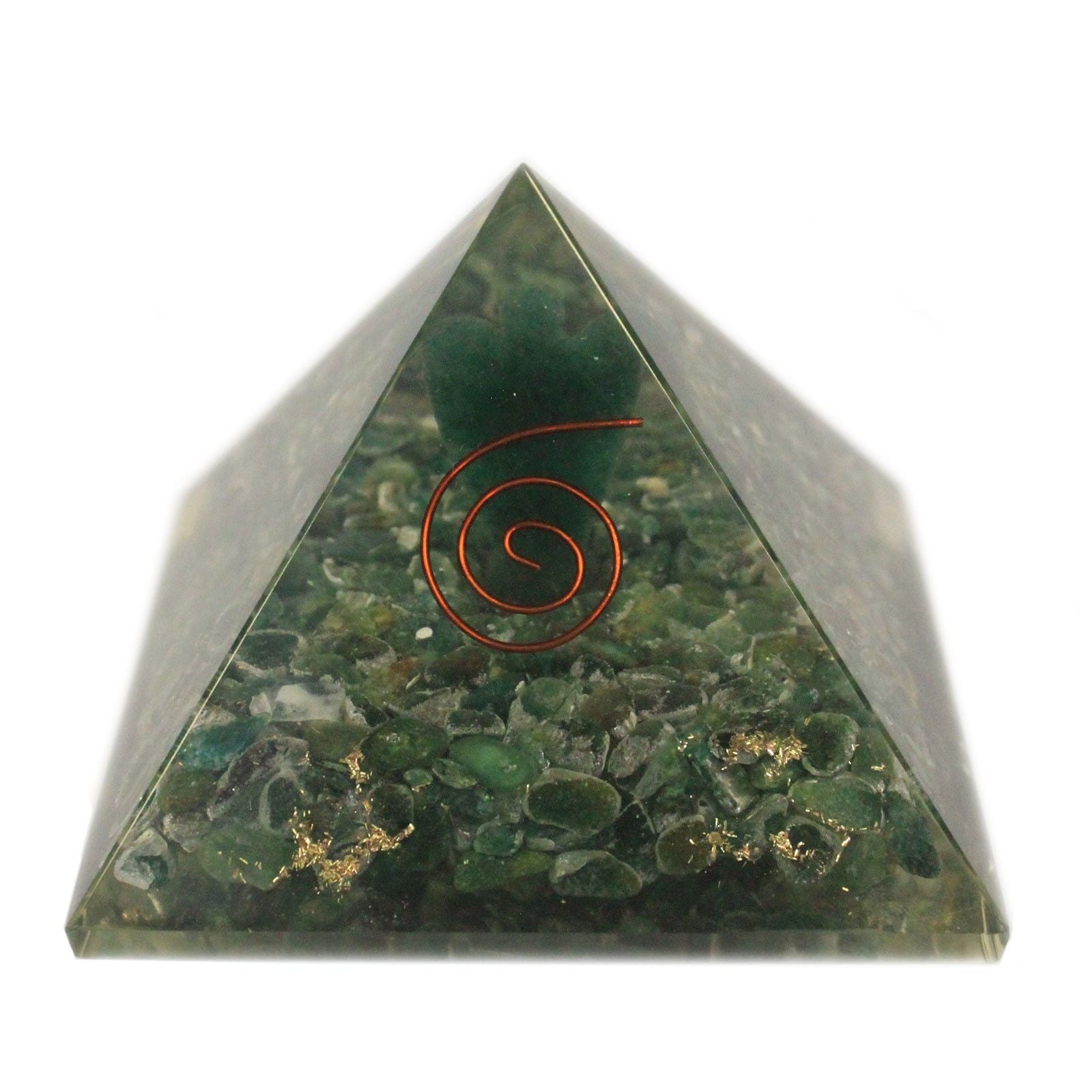 Magická orgonitová pyramída 70 mm - anjel s ezoterickými predmetmi, zelenkastým vnútrom a ručnou úpravou