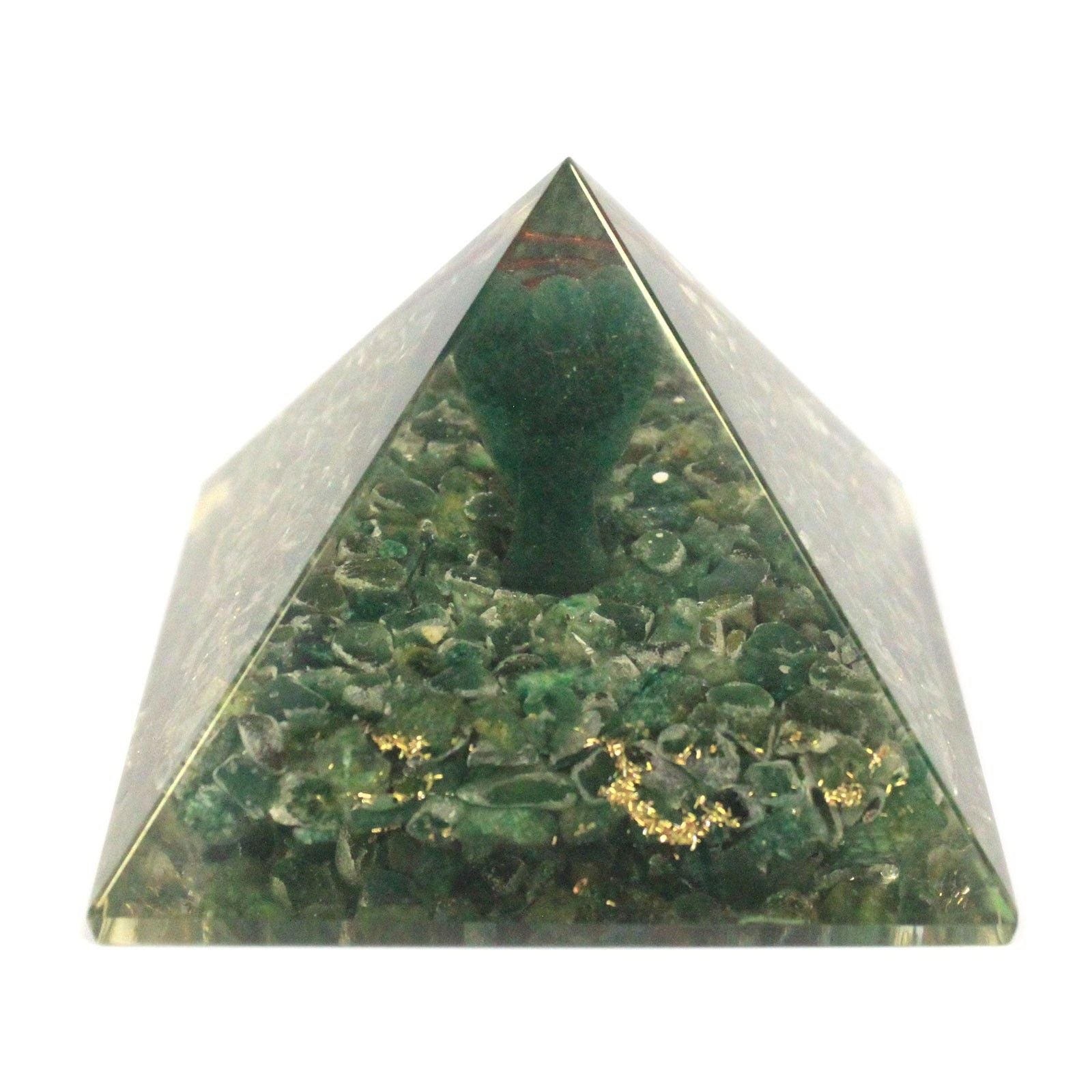 Magická orgonitová pyramída 70 mm - anjel s ezoterickými predmetmi, zelenkastým vnútrom a ručnou úpravou