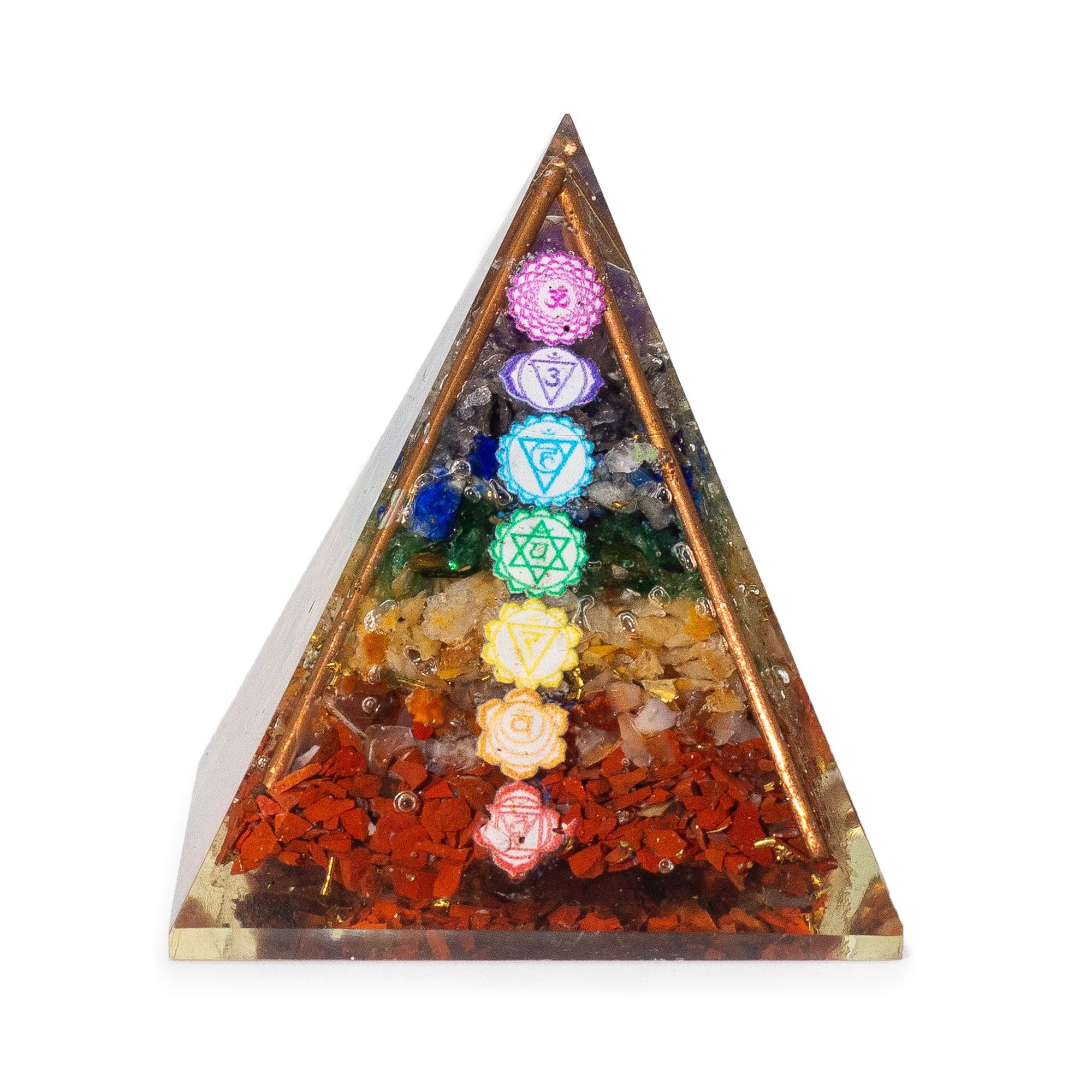 Stredná orgonitová pyramída 7x6 cm s medenými tyčinkami a 7 čakrovými kameňmi - viacfarebný prvok energetickej harmónie ako darček