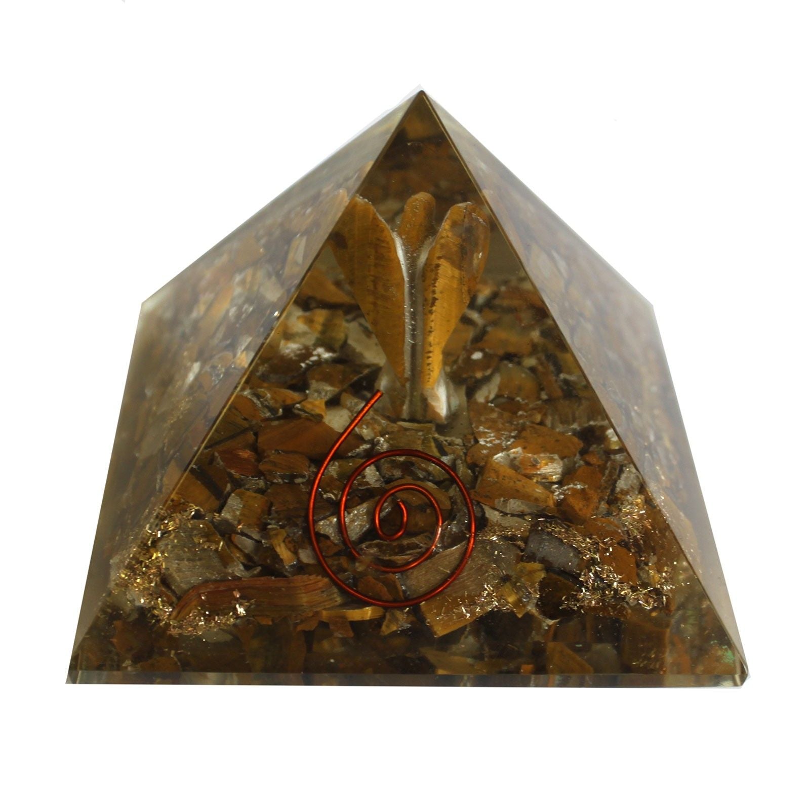 Magická orgonitová pyramída 70 mm - anjel s ezoterickými predmetmi, zelenkastým vnútrom a ručnou úpravou