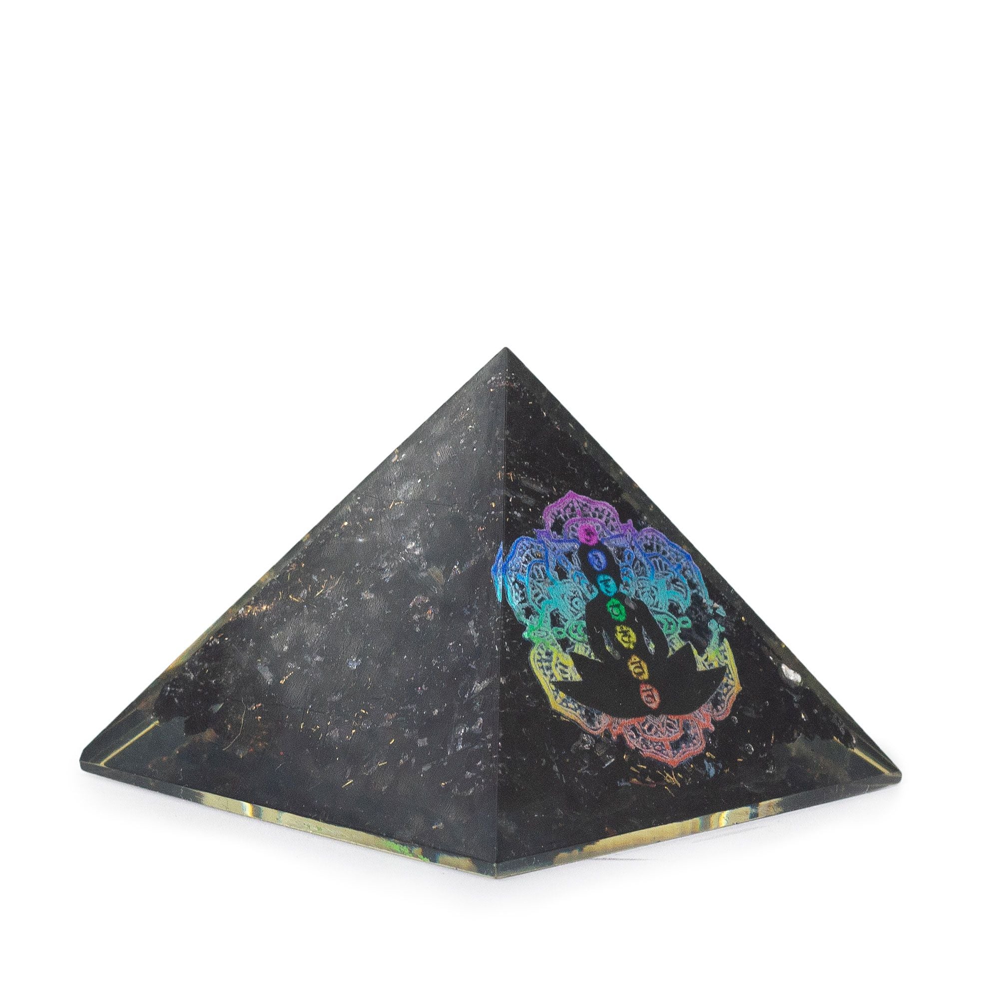 Malá orgonitová pyramída z čierneho turmalínu 5.5x4.5cm s motívom Budhu čakier