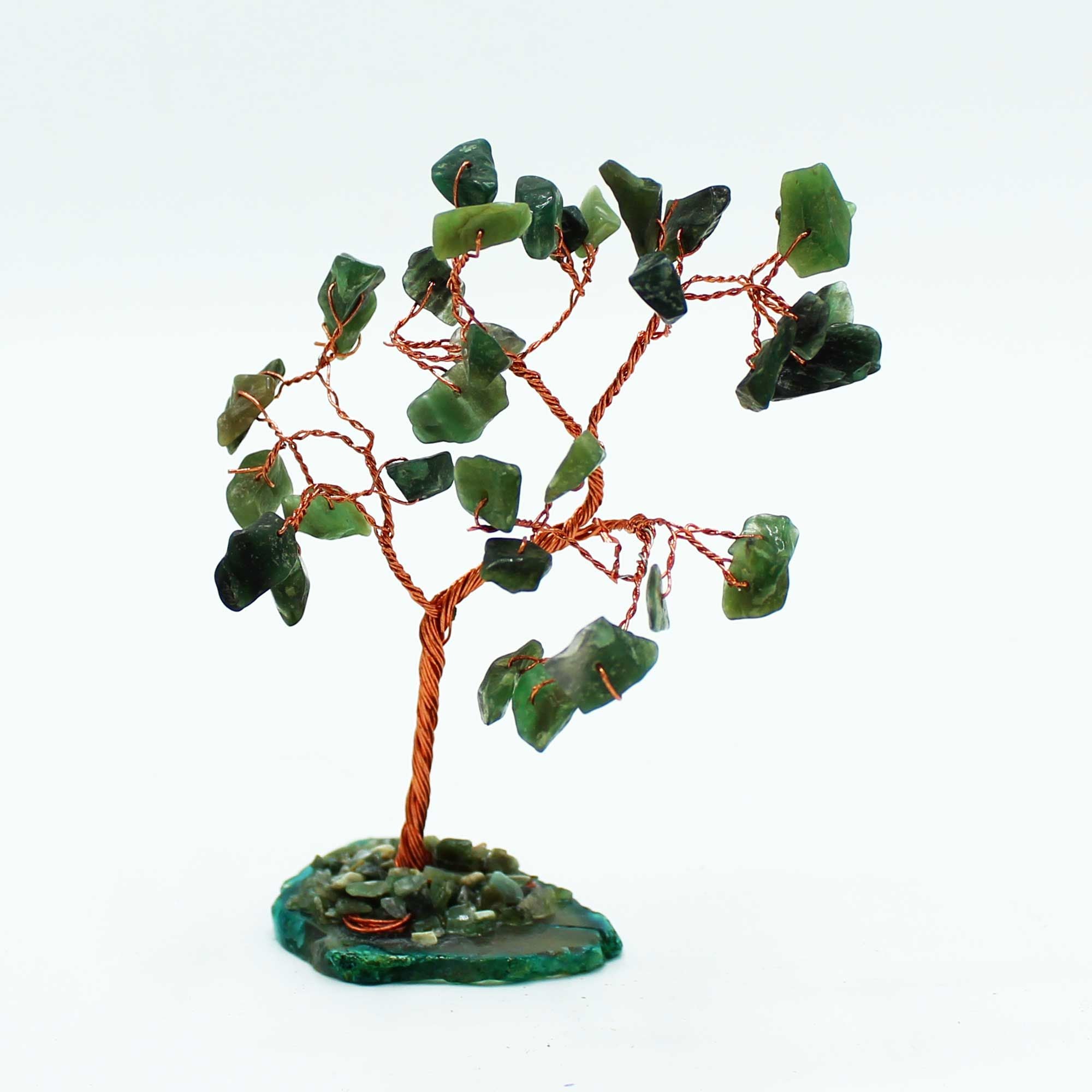 Avanturínový stromček na achátovej základni - zelený, 10 cm, 35 kryštálov