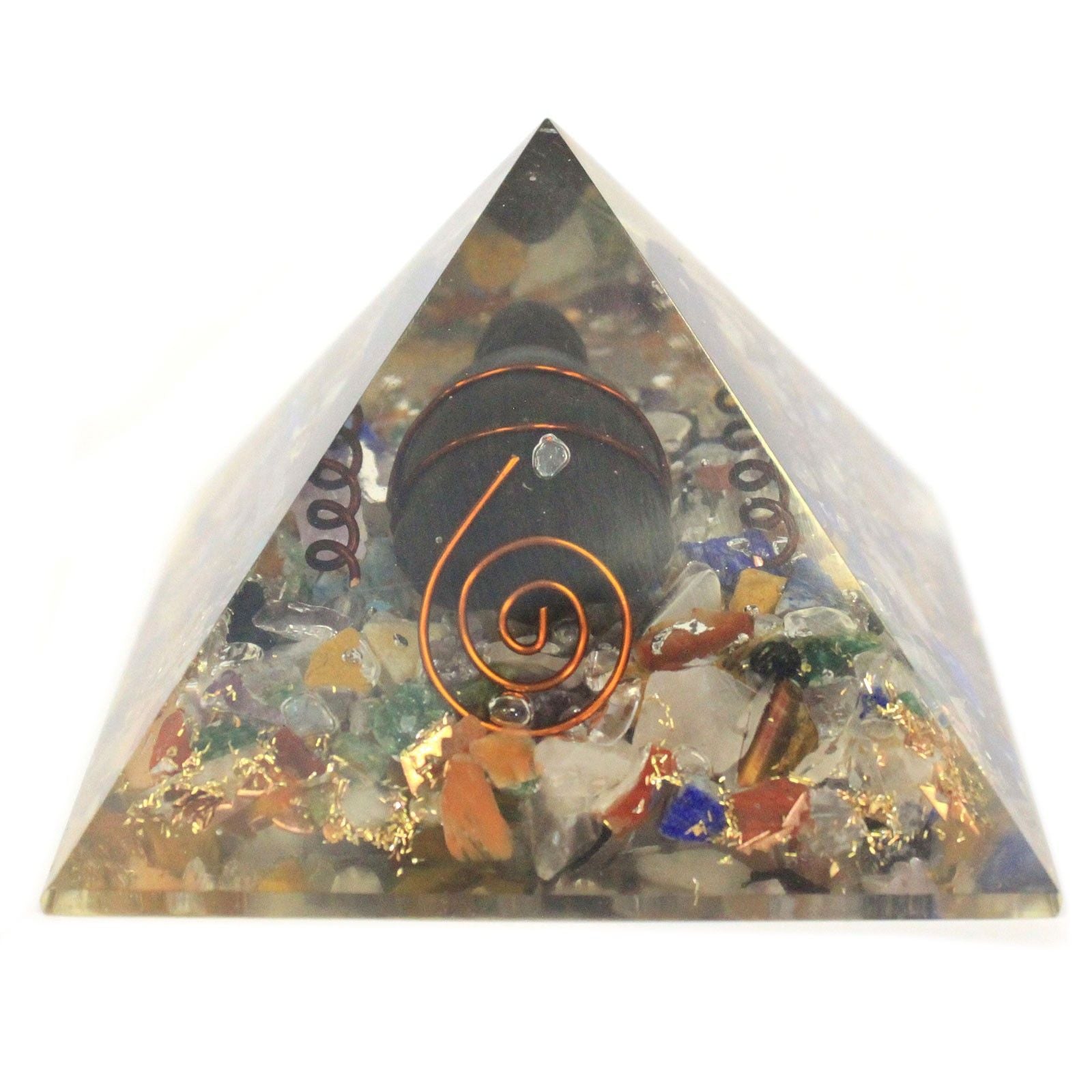 Stredná orgonitová pyramída 60mm s úlomkami drahých kameňov, meďou a korytnačkou