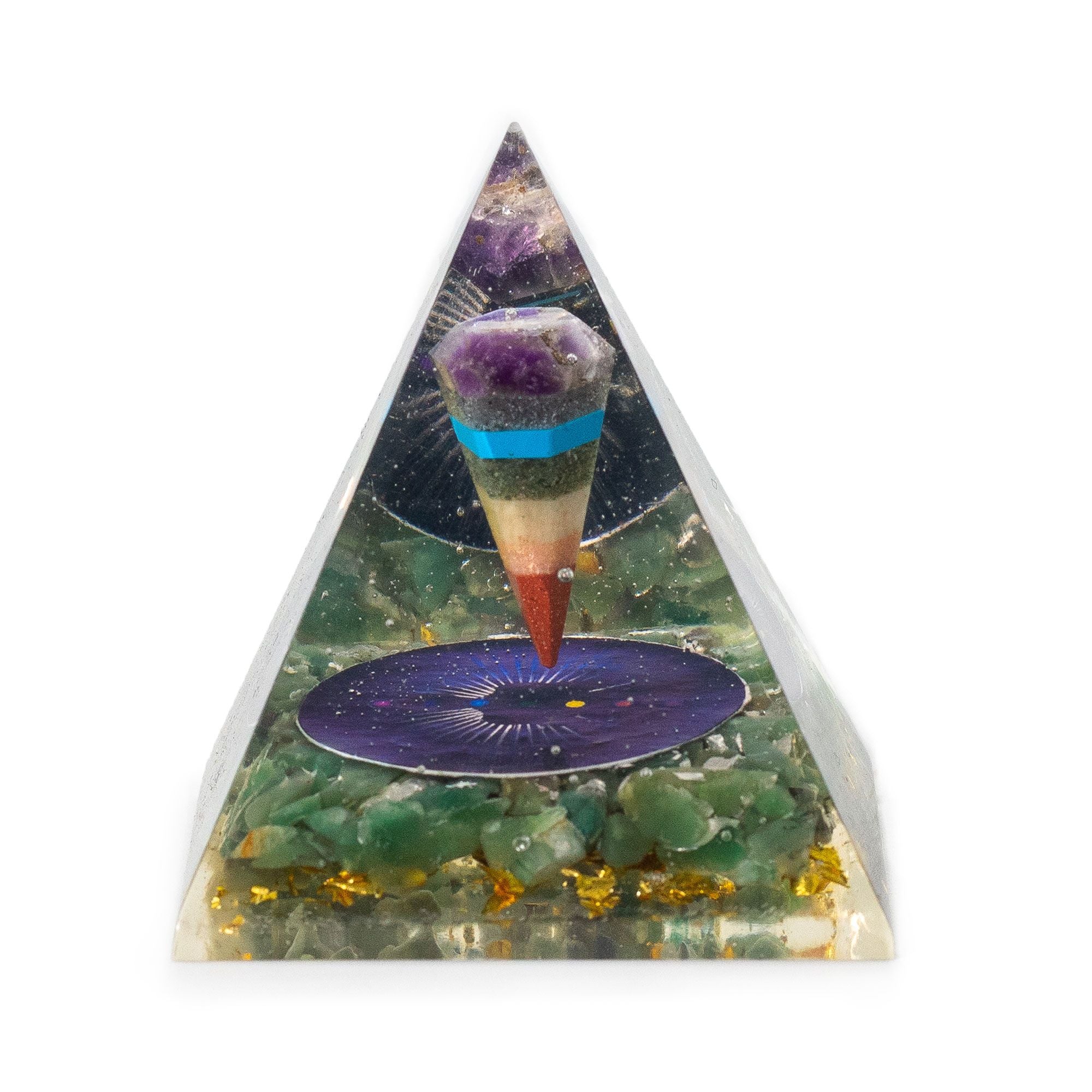 Stredná orgonitová pyramída s kyvadlom a zelenými úlomkami avanturínu 7x6 cm