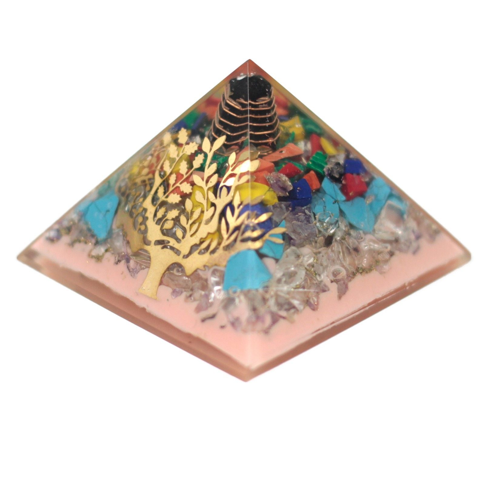 Orgonitová pyramída 70mm - strom z drahých kameňov, medi a kovových vložiek