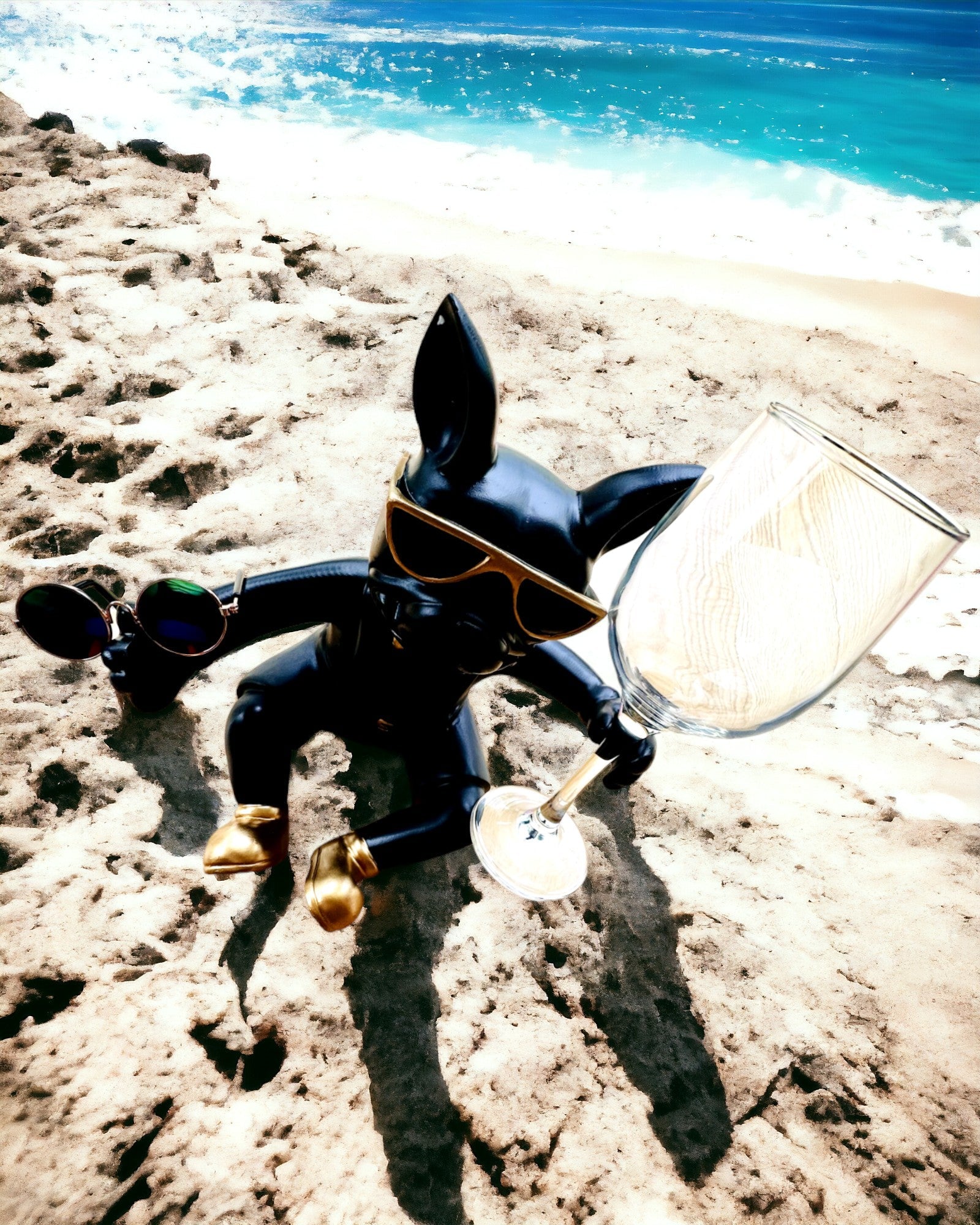 Exkluzívna figúrka "Štýlový Bulldog", čierna farba, stojan na pohár vína alebo šampanského, personalizácia gravírovaním