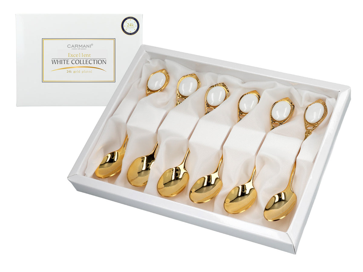 Súprava 6 lyžičiek pozlátených 24K zlatom Biele očká CARMANI s možnosťou personalizácie gravírovaním - elegantný darček na každú príležitosť, rozmery 13 cm