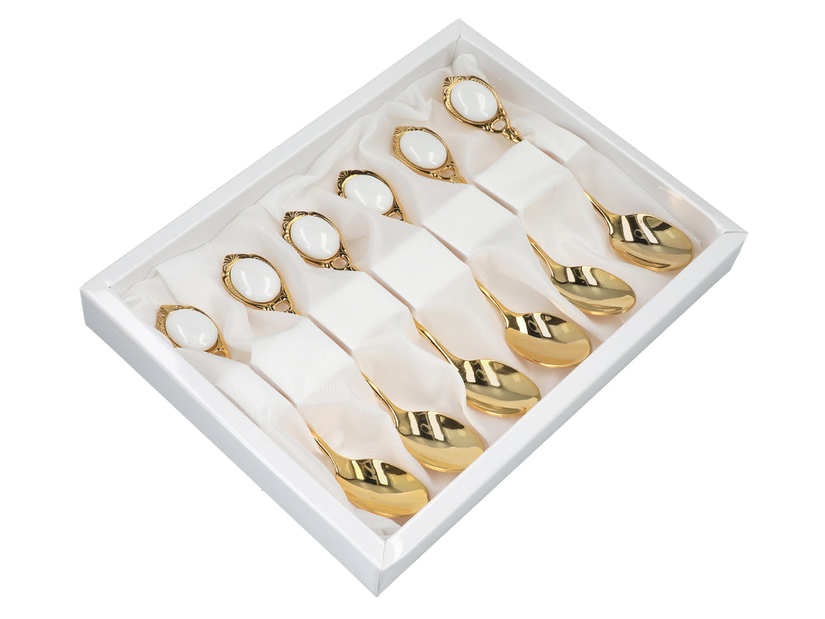 Súprava 6 lyžičiek pozlátených 24K zlatom Biele očká CARMANI s možnosťou personalizácie gravírovaním - elegantný darček na každú príležitosť, rozmery 13 cm