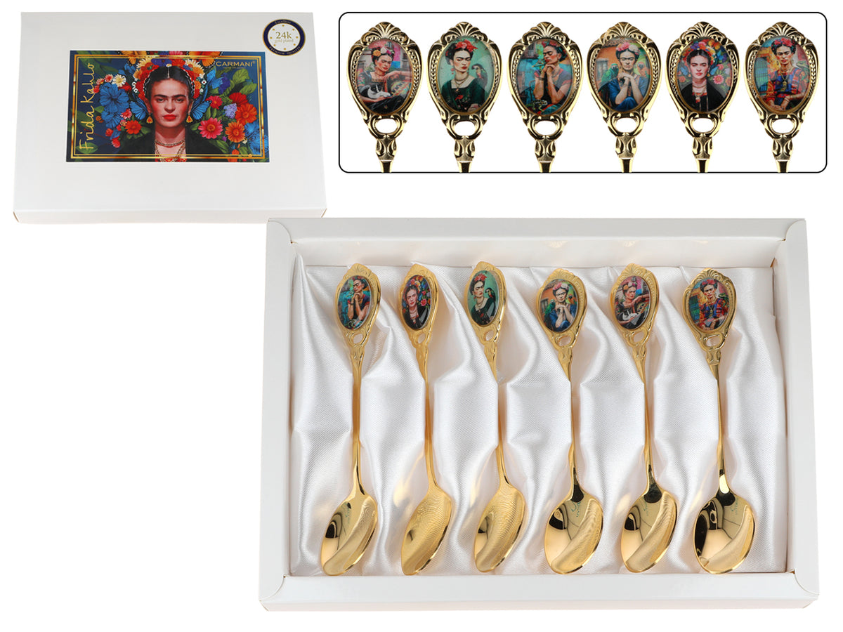 Súprava 6 lyžičiek pokovovaných 24K zlatom F. Kahlo s možnosťou personalizácie gravírovaním - elegantný príbor ako darček, 13 cm, CARMANI