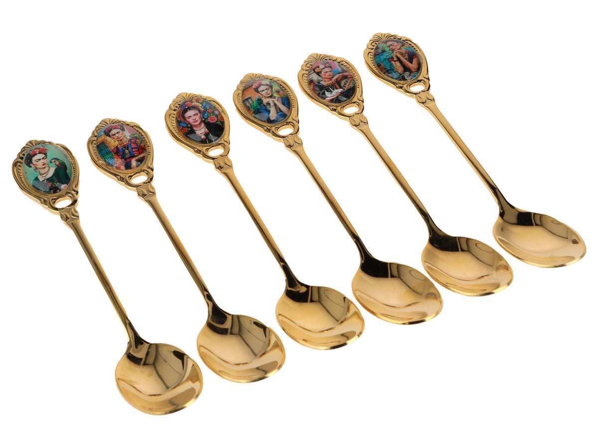 Súprava 6 lyžičiek pokovovaných 24K zlatom F. Kahlo s možnosťou personalizácie gravírovaním - elegantný príbor ako darček, 13 cm, CARMANI