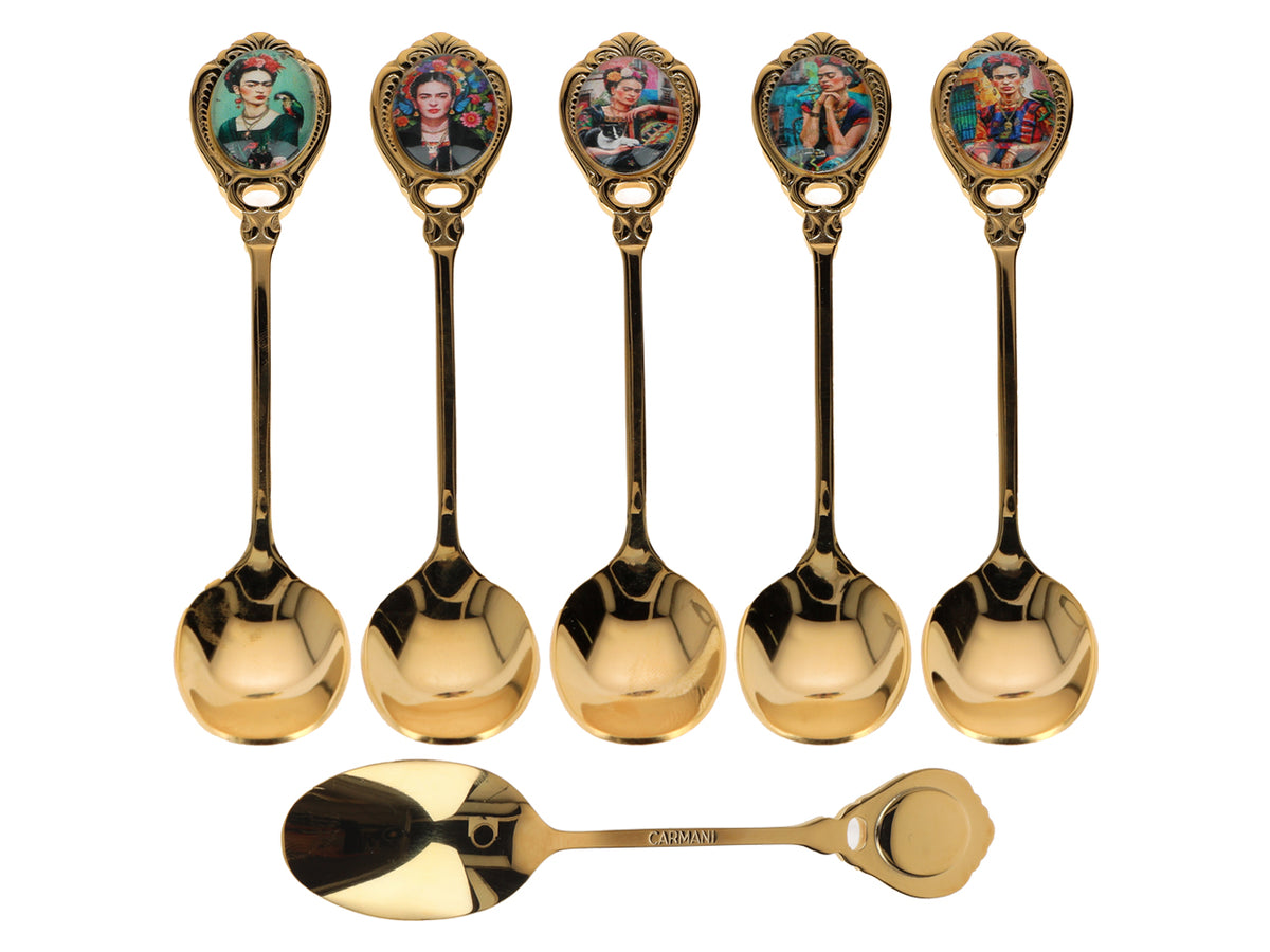 Súprava 6 lyžičiek pokovovaných 24K zlatom F. Kahlo s možnosťou personalizácie gravírovaním - elegantný príbor ako darček, 13 cm, CARMANI