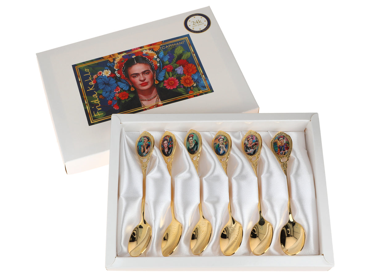 Súprava 6 lyžičiek pokovovaných 24K zlatom F. Kahlo s možnosťou personalizácie gravírovaním - elegantný príbor ako darček, 13 cm, CARMANI