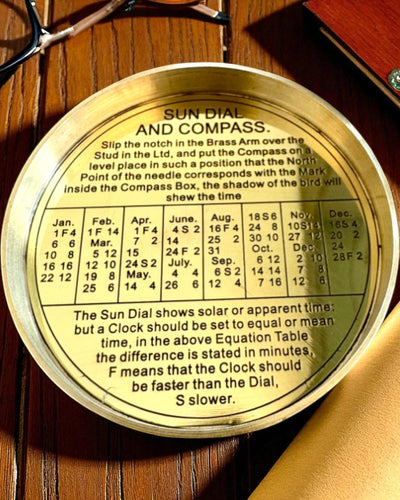 Slnečný kompas Voyager 7cm – mosadzný slnečný hodinový stroj s kompasom, personalizácia gravírovaním na darček