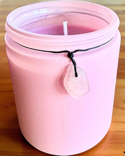 Intenčná sójová sviečka Ružový kremeň – láska, harmónia a pokoj srdca, 250 ml, možnosť personalizácie ako darček