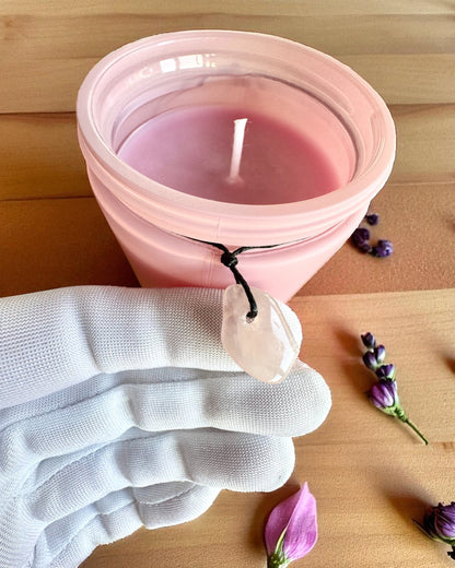 Intenčná sójová sviečka Ružový kremeň – láska, harmónia a pokoj srdca, 250 ml, možnosť personalizácie ako darček