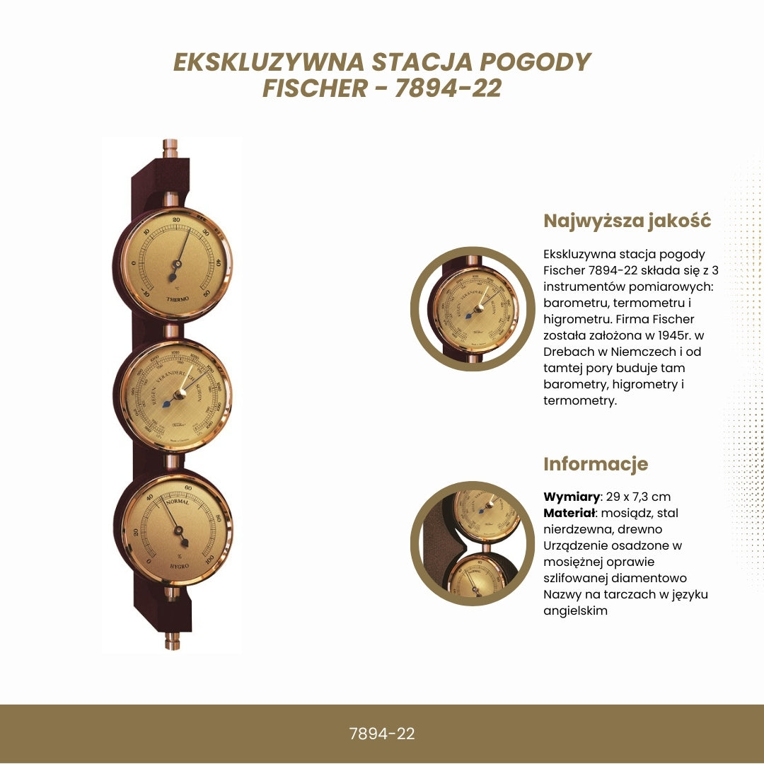 Exkluzívna meteorologická stanica Fischer 7894-22 z mosadze a mahagónu s personalizovaným gravírovaním - barometer, teplomer a vlhkomer ako darček v klasickom štýle, rozmery 29x7,3 cm