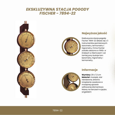 Exkluzívna meteorologická stanica Fischer 7894-22 z mosadze a mahagónu s personalizovaným gravírovaním - barometer, teplomer a vlhkomer ako darček v klasickom štýle, rozmery 29x7,3 cm
