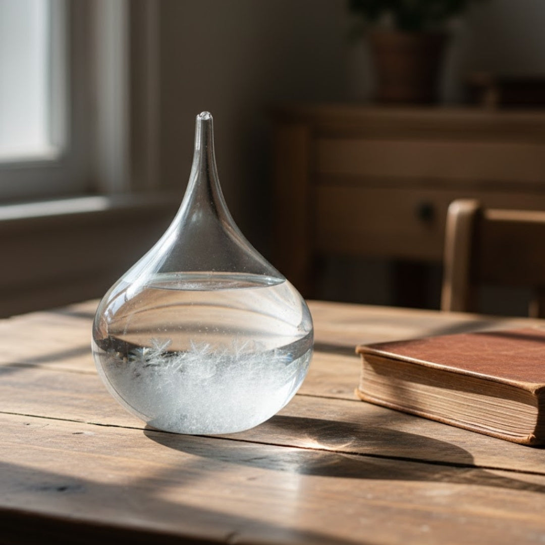 Búrkový barometer Fitzroya – kvapka Storm Glass s možnosťou personalizácie gravírovaním – elegantný darček v tvare kvapky, výška 11 cm, sklenená nádoba s jedinečnými kryštálmi reagujúcimi na zmeny počasia