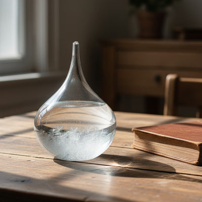 Búrkový barometer Fitzroya – kvapka Storm Glass s možnosťou personalizácie gravírovaním – elegantný darček v tvare kvapky, výška 11 cm, sklenená nádoba s jedinečnými kryštálmi reagujúcimi na zmeny počasia