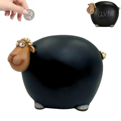 Pokladnička ovečka s tabuľovou farbou s možnosťou personalizácie – čierna s prvkami béžovej a bielej, výška 19,5 cm