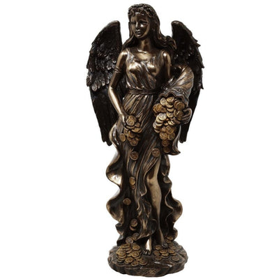 Figúrka Fortuna, bohyňa šťastia a bohatstva, 29cm s rohom hojnosti - personalizované gravírovanie na darček, elegantná dekorácia z konglomerátu živíc v odtieňoch hnedej a medi