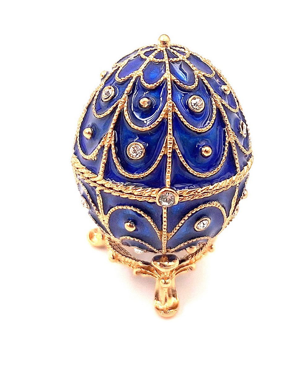 Exkluzívna kovová šperkovnica s kryštálikmi v tvare Fabergého vajíčka, tmavomodro-zlatá, 5,5x6,5cm s možnosťou personalizácie gravírovaním