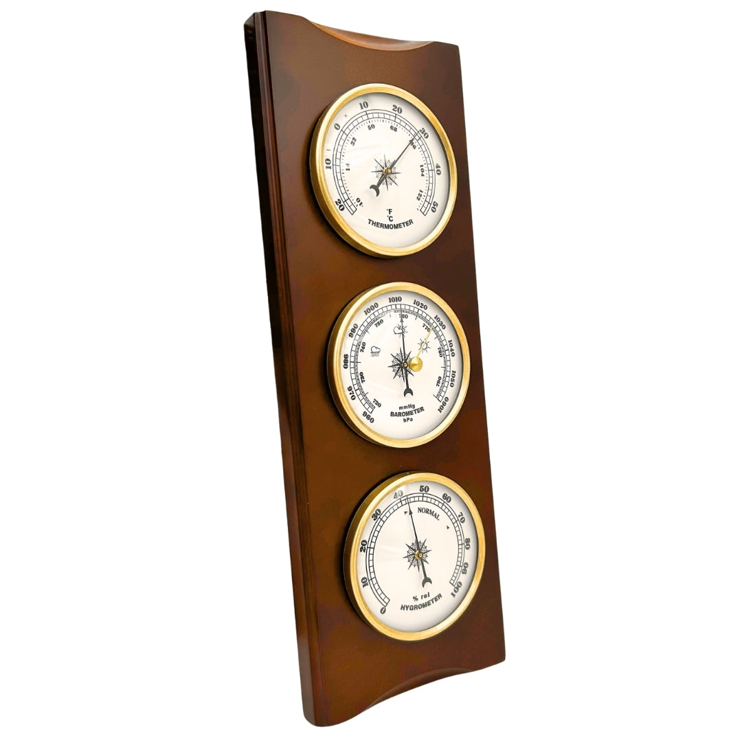 Elegancka Stacja Pogody Retro 36cm z Grawerem – Barometr, Termometr, Higrometr w Drewnianej Obudowie