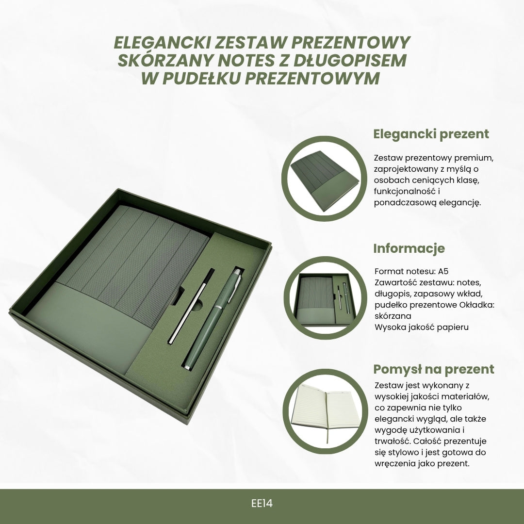 Elegantná darčeková súprava s personalizovaným gravírovaním - kožený zápisník A5 v olivovozelenej farbe s perom a náhradnou náplňou v estetickej darčekovej krabičke