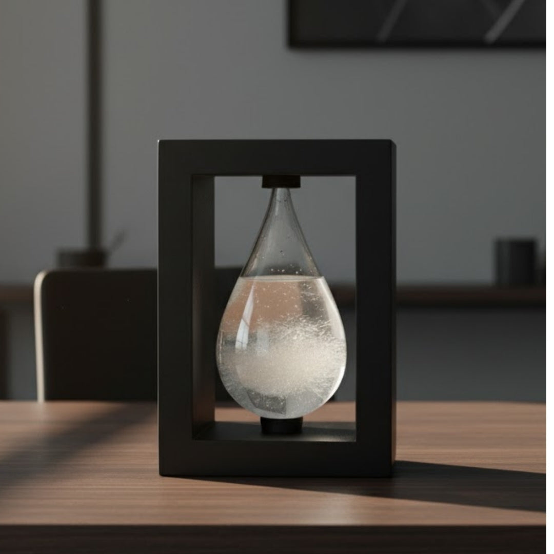 Búrkový barometer Fitzroya v drevenom ráme – kvapka Storm Glass s možnosťou personalizácie gravírovaním – ideálny darček na každú príležitosť – elegantná meteorologická stanica v modernom štýle s kryštálmi reagujúcimi na zmeny počasia