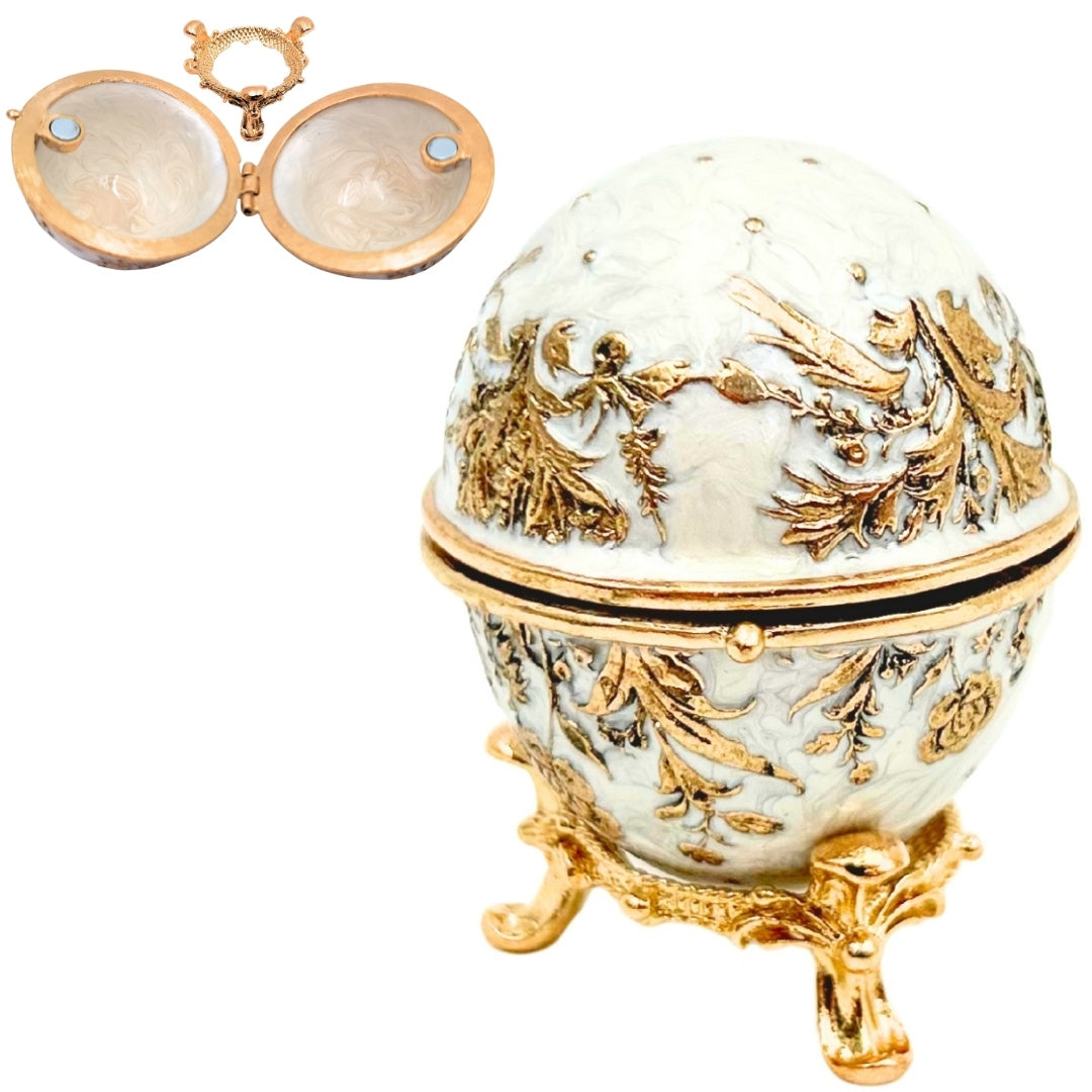 Exkluzívna kovová šperkovnica vajce Fabergé s kryštálikmi v bielo-zlatej farbe s možnosťou personalizácie gravírovaním