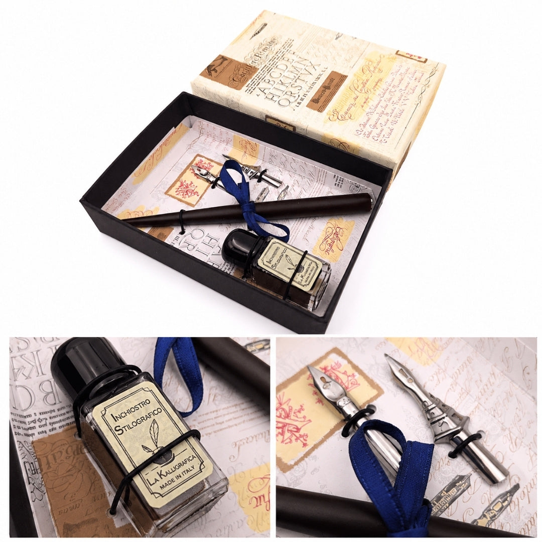 Kaligrafická súprava s personalizovaným gravírovaním - talianske pero s dvoma hrotmi a kalamárom, ideálna ako darček - elegantné balenie 12.5x8,5x3cm