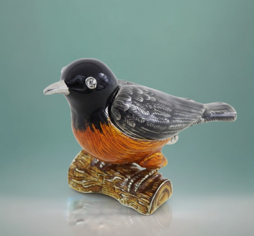 Kovová krabička v tvare vtáčika s kryštálikmi, personalizovaná gravírovaním, ideálna ako darček - čierna, strieborná, hnedá, oranžová, rozmery 5x6x5cm, materiál: kov, smalt, kryštál