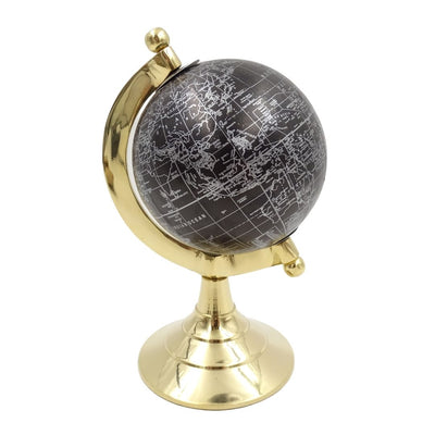 Dekoratívny glóbus Čierno-zlatý s možnosťou personalizácie gravírovania – elegantný doplnok ako darček, výška 20 cm, mosadzný podstavec, čierna mapa so striebornými nápismi
