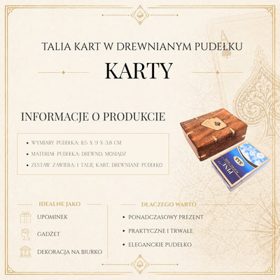 Elegantný balíček kariet v drevenej škatuľke s mosadznými ozdobami