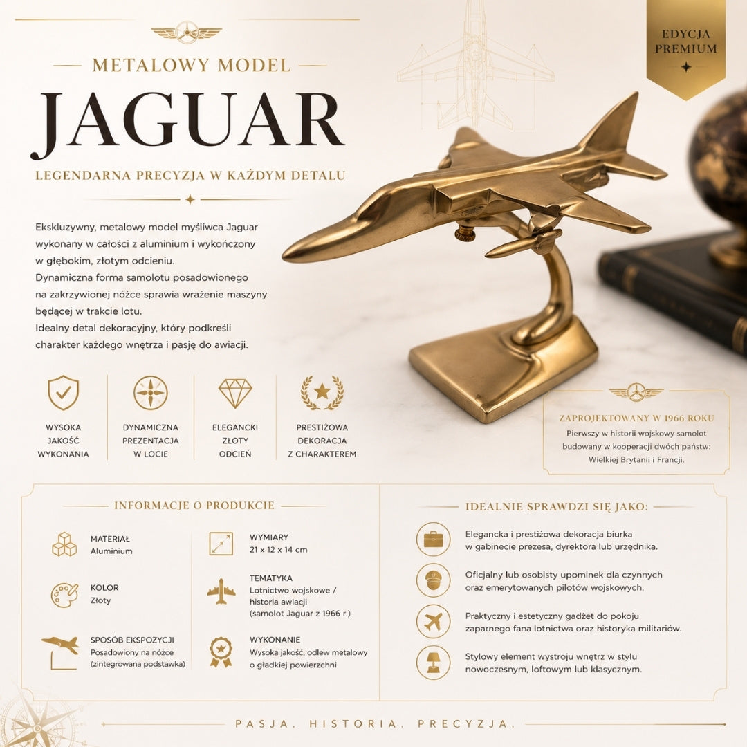 Kovový model stíhačky Jaguar v zlatej farbe s možnosťou gravírovania