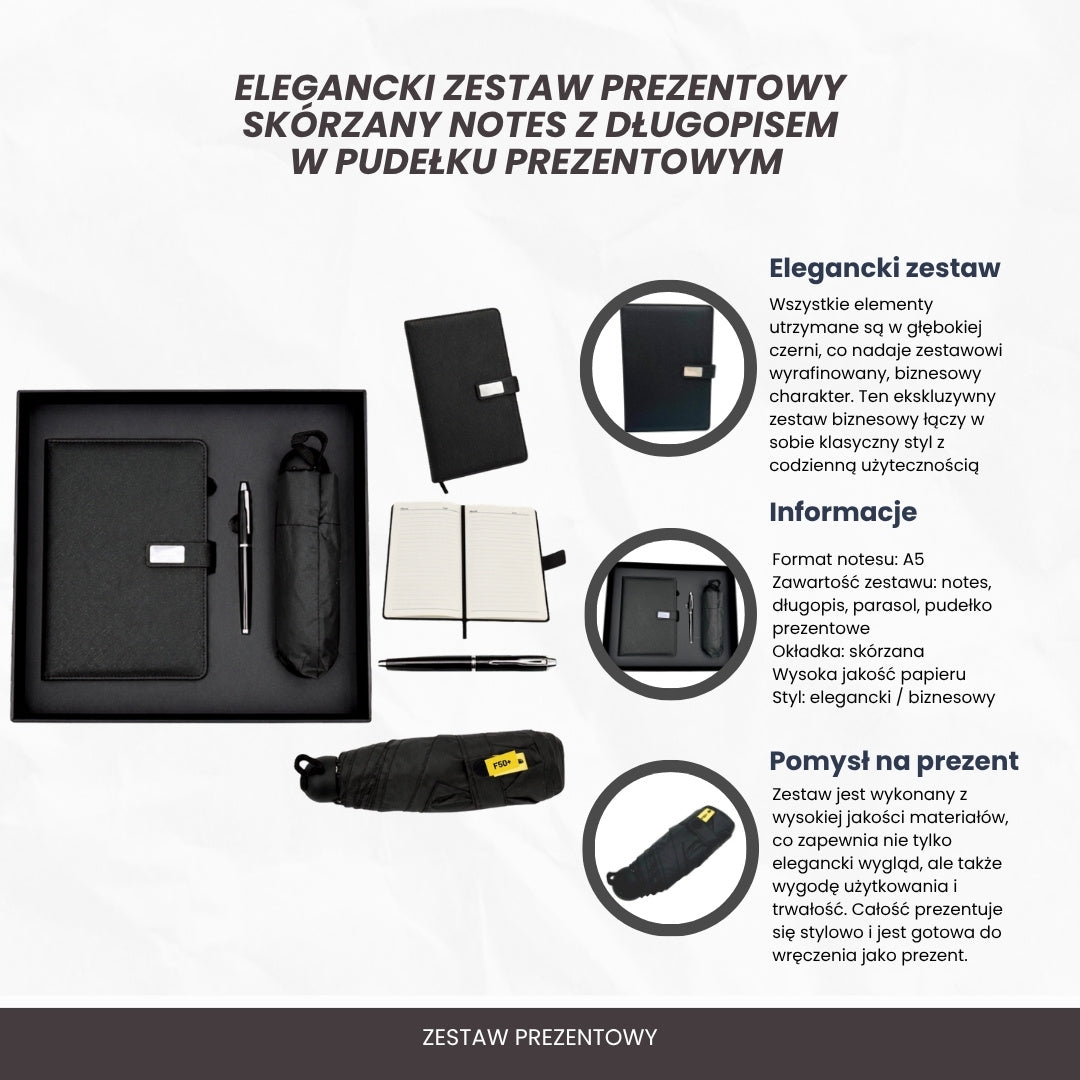 Elegantná darčeková súprava s personalizáciou - kožený zápisník A5, pero a čierny dáždnik v darčekovej krabičke