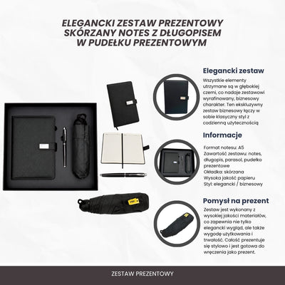 Elegantná darčeková súprava s personalizáciou - kožený zápisník A5, pero a čierny dáždnik v darčekovej krabičke