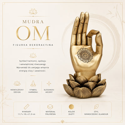 Zlatá figúrka Ruka Budhu Mudra OM s gravírovaním - elegantná dekorácia ako darček - lotosový kvet, 21cm, polyresin, štýl glamour