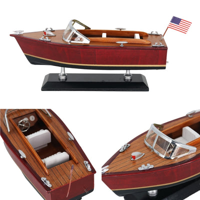 Model drevenej motorovej lode s gravírovaním – klasický motorový čln 26cm v hlbokých tónoch dreva