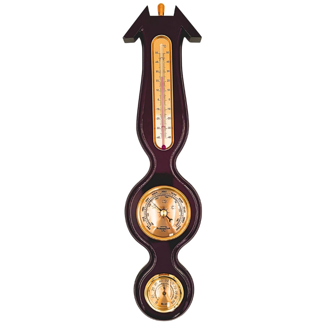 Elegantná meteorologická stanica 3v1 s gravírovaním – teplomer, barometer, vlhkomer v tmavom dreve, 40cm