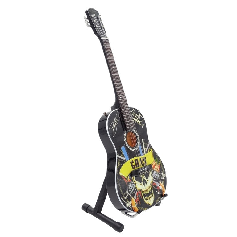 Mini klasická gitara Guns N' Roses Tribute MGT-3124 s možnosťou personalizácie gravírovaním, ideálna ako darček pre gitaristu, vyrobená z mahagónového dreva, výška 25 cm